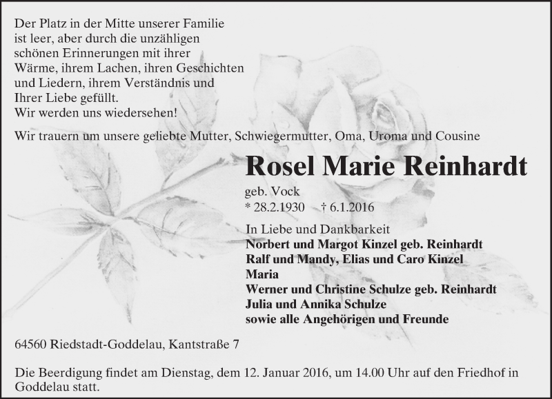  Traueranzeige für Rosel MarieReinhardt vom 08.01.2016 aus trauer.echo-online.de