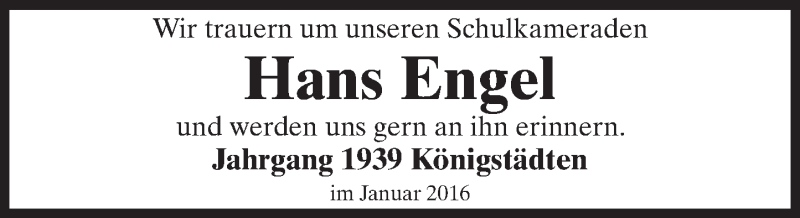  Traueranzeige für Hans Engel vom 16.01.2016 aus trauer.echo-online.de
