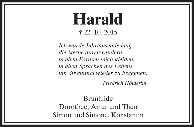  Traueranzeige für Harald Jediss vom 22.10.2016 aus  Usinger Anzeiger