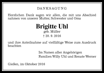 Traueranzeige von Brigitte Uhl von  Gießener Anzeiger