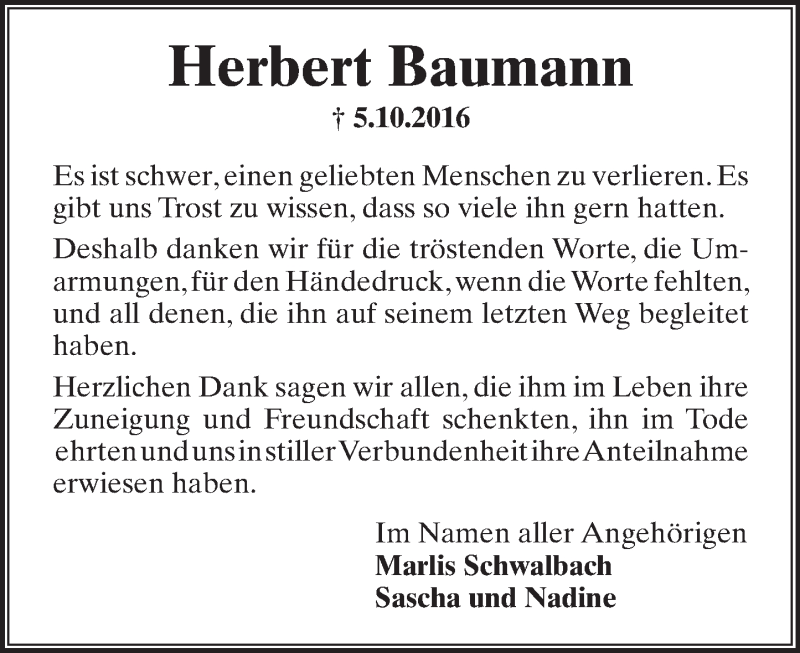  Traueranzeige für Herbert Baumann vom 29.10.2016 aus Trauerportal Rhein Main Presse