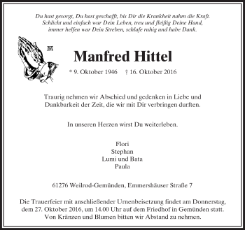 Traueranzeige von Manfred Hittel von  Usinger Anzeiger