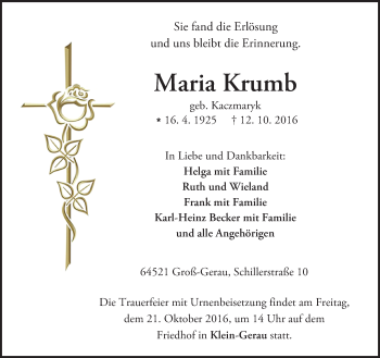 Traueranzeige von Maria Krumb von Trauerportal Echo Online