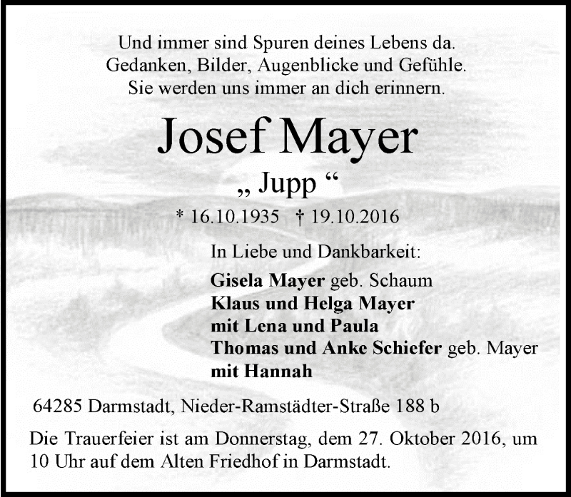  Traueranzeige für Josef Mayer vom 22.10.2016 aus Trauerportal Echo Online