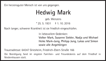 Traueranzeige von Hedwig Mark von Trauerportal Echo Online