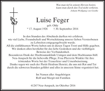 Traueranzeige von Luise Feger von  Usinger Anzeiger