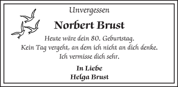 Traueranzeige von Norbert Brust von Trauerportal Rhein Main Presse