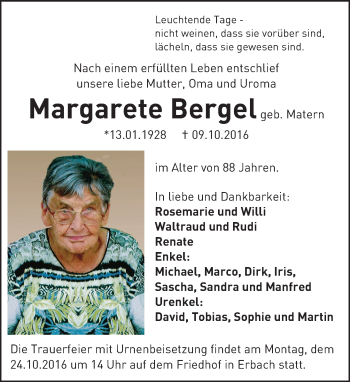 Traueranzeige von Margarete Bergel von Trauerportal Echo Online
