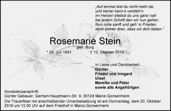 Traueranzeige von Rosemarie Stein von Trauerportal Rhein Main Presse