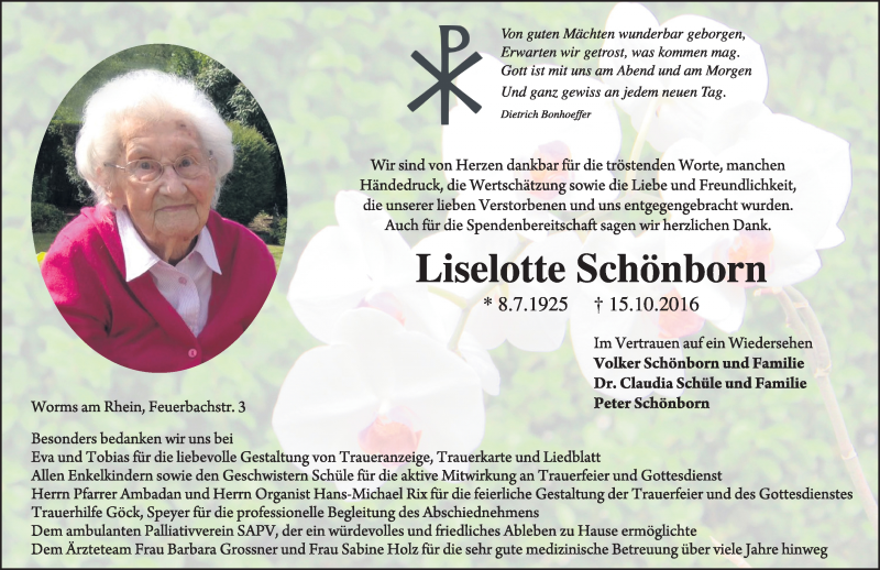  Traueranzeige für Liselotte Schönborn vom 28.10.2016 aus Trauerportal Rhein Main Presse
