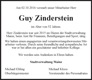 Traueranzeige von Guy Zinderstein von Trauerportal Rhein Main Presse
