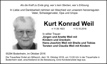 Traueranzeige von Kurt Konrad Weil von Trauerportal Rhein Main Presse