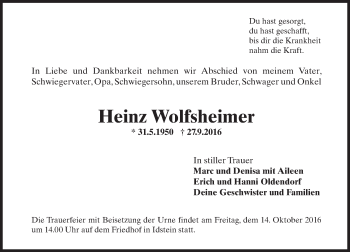 Traueranzeige von Heinz Wolfsheimer von Trauerportal Rhein Main Presse