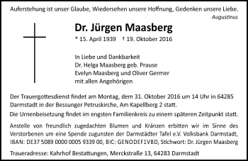 Traueranzeige von Jürgen Maasberg von Trauerportal Echo Online