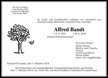 Traueranzeige von Alfred Bandt von  Gießener Anzeiger