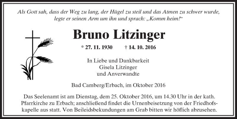  Traueranzeige für Bruno Litzinger vom 20.10.2016 aus  Camberger Anzeiger