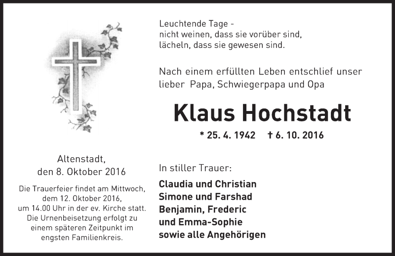  Traueranzeige für Klaus Hochstadt vom 08.10.2016 aus  Kreisanzeiger