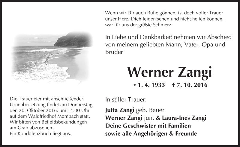  Traueranzeige für Werner Zangi vom 15.10.2016 aus Trauerportal Rhein Main Presse