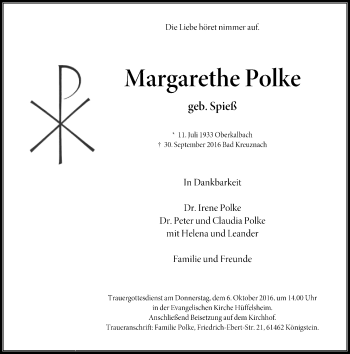 Traueranzeige von Margarethe Polke von Trauerportal Rhein Main Presse