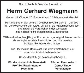 Traueranzeige von Gerhard Wiegmann von Trauerportal Echo Online