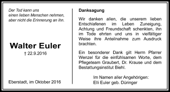 Traueranzeige von Walter Euler von  Gießener Anzeiger