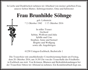 Traueranzeige von Brunhilde Söhnge von  Usinger Anzeiger