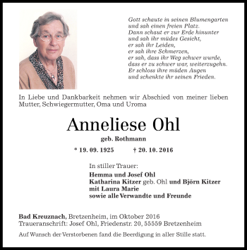 Traueranzeige von Anneliese Ohl von Trauerportal Rhein Main Presse