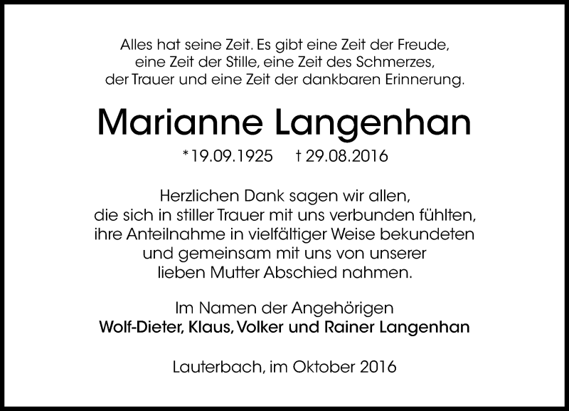  Traueranzeige für Marianne Langenhan vom 08.10.2016 aus VRM Trauer