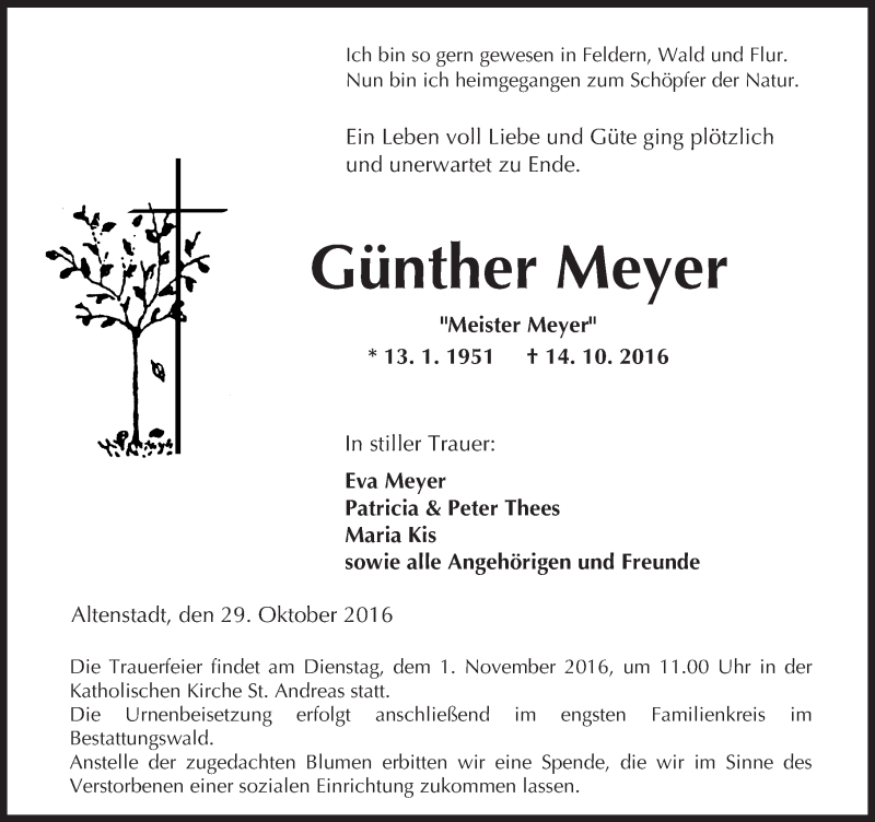  Traueranzeige für Günther Meyer vom 29.10.2016 aus  Kreisanzeiger