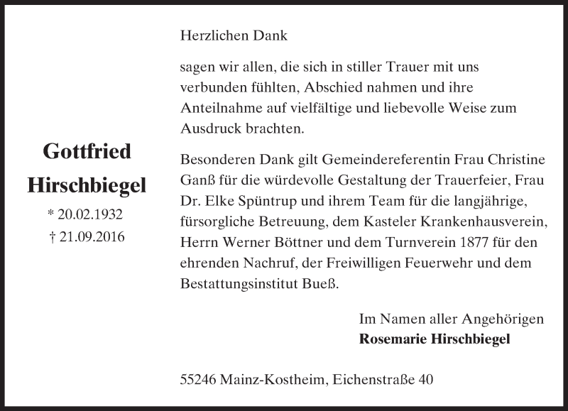  Traueranzeige für Gottfried Hirschbiegel vom 22.10.2016 aus Trauerportal Rhein Main Presse