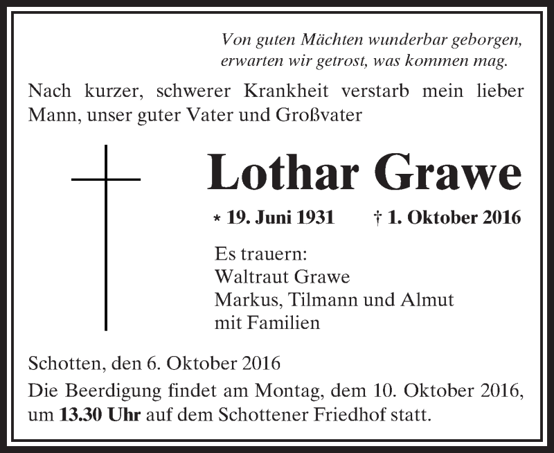  Traueranzeige für Lothar Grawe vom 06.10.2016 aus  Kreisanzeiger