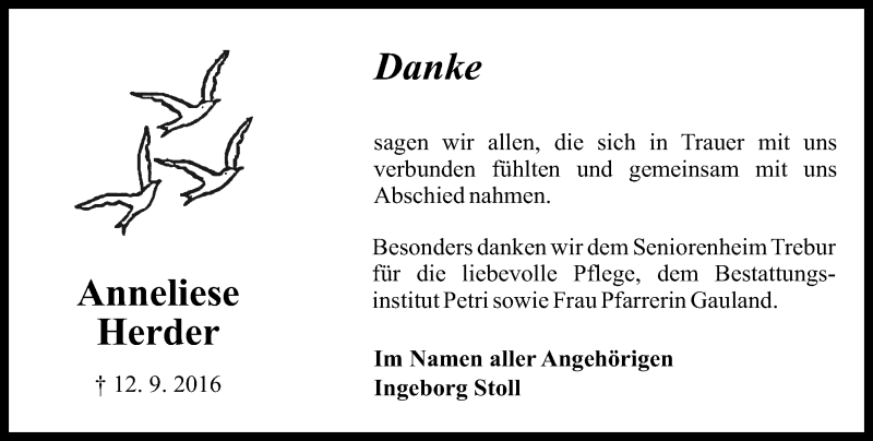  Traueranzeige für Anneliese Herder vom 15.10.2016 aus Trauerportal Rhein Main Presse
