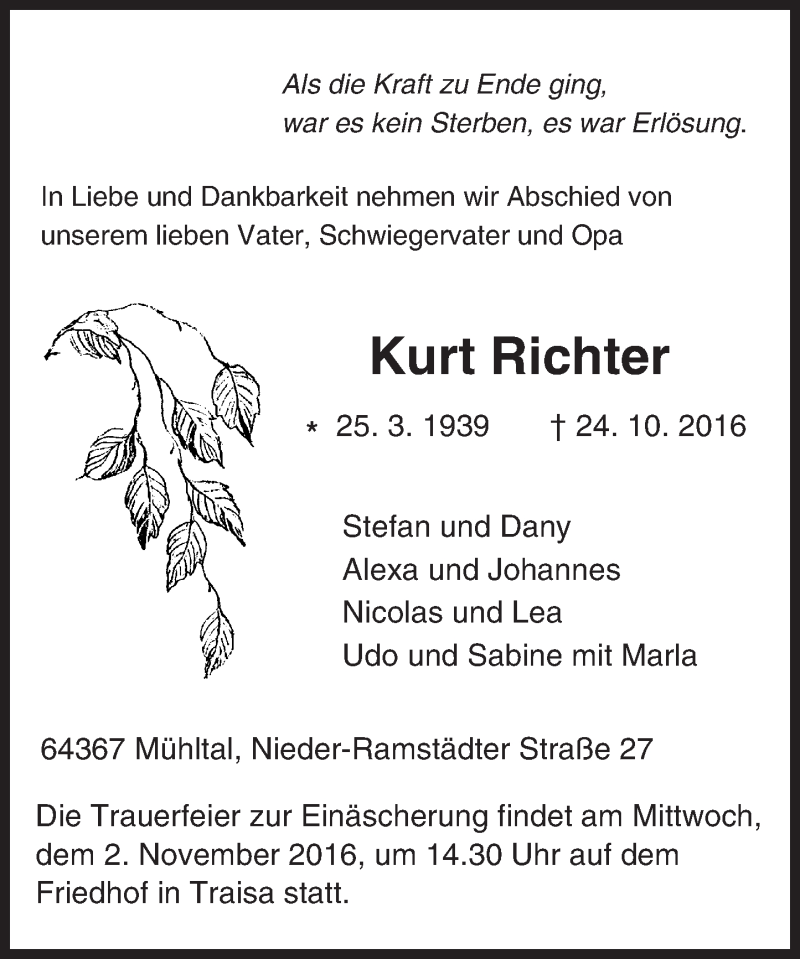  Traueranzeige für Kurt Richter vom 29.10.2016 aus Trauerportal Echo Online