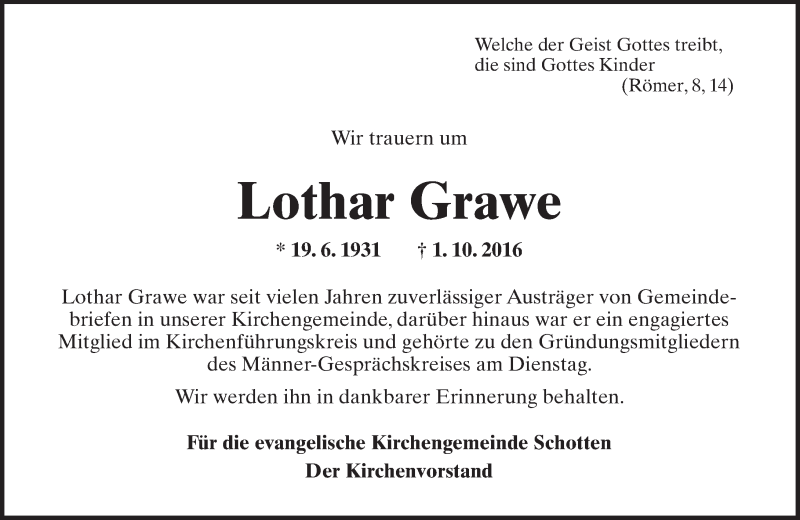  Traueranzeige für Lothar Grawe vom 12.10.2016 aus  Kreisanzeiger