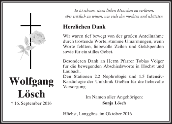 Traueranzeige von Wolfgang Lösch von  Kreisanzeiger