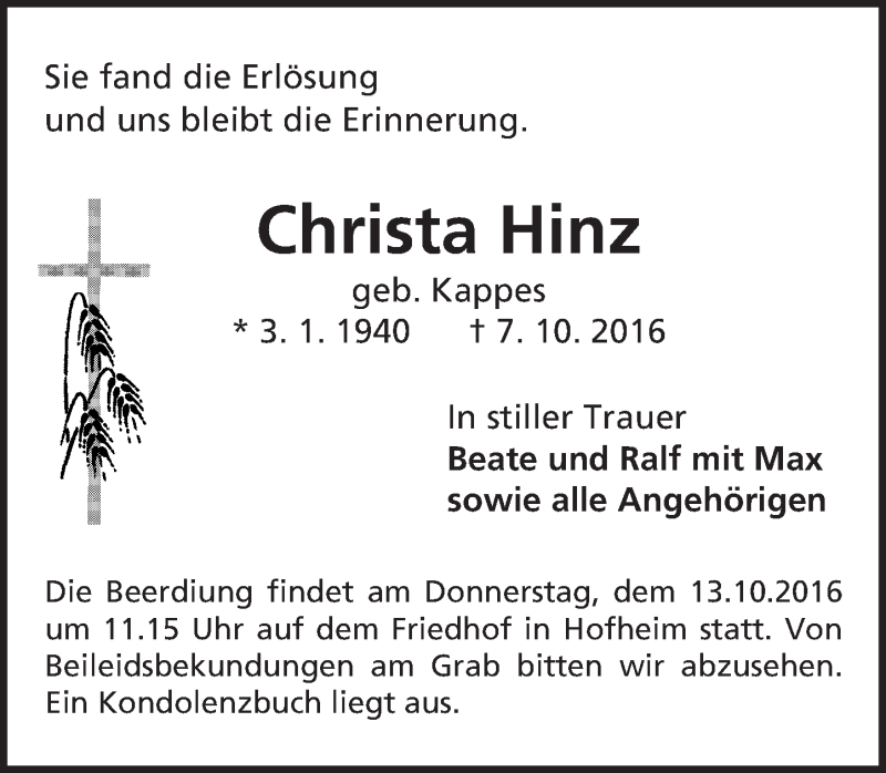  Traueranzeige für Christa Hinz vom 11.10.2016 aus Trauerportal Echo Online