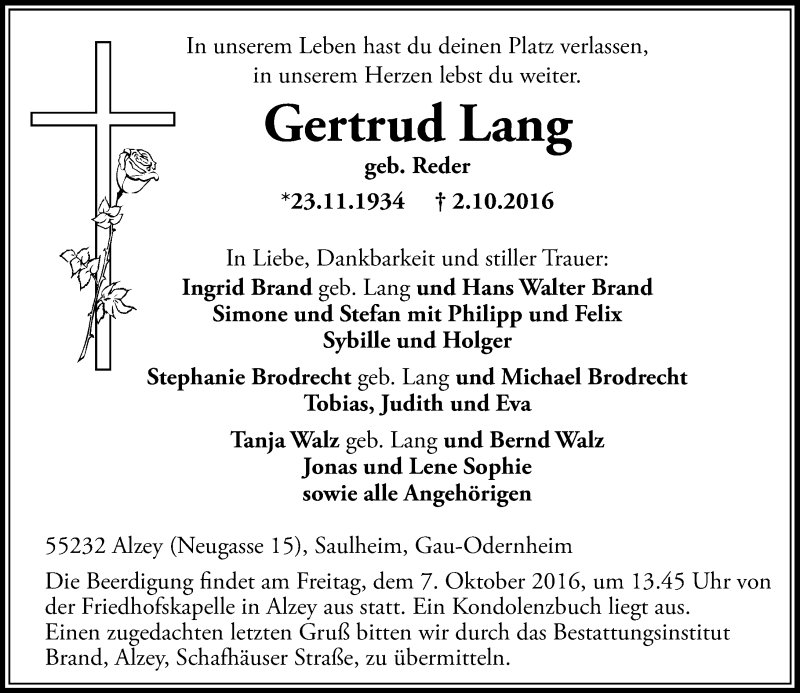  Traueranzeige für Gertrud Lang vom 04.10.2016 aus Trauerportal Rhein Main Presse