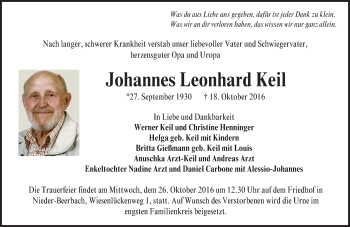 Traueranzeige von Johannes Leonhard Keil von Trauerportal Echo Online