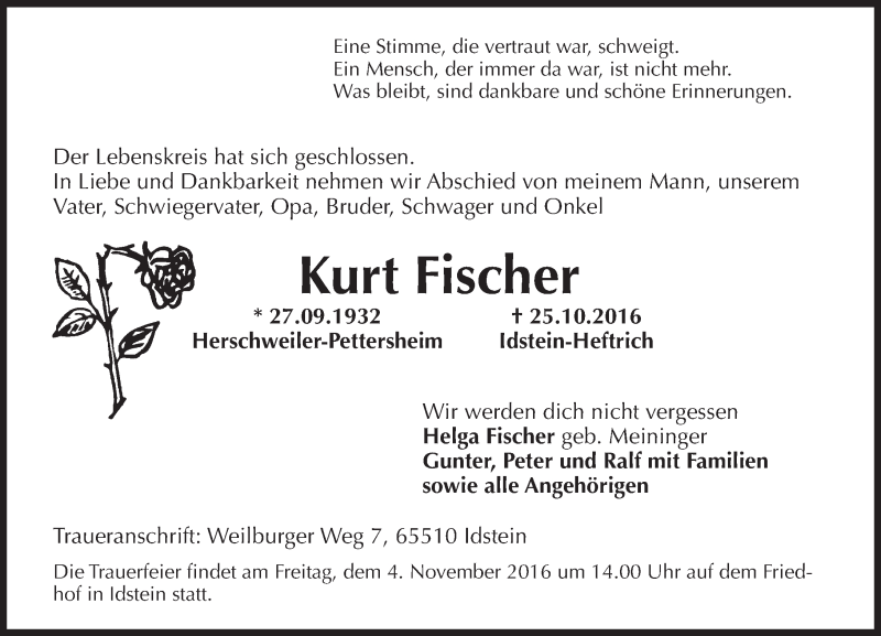  Traueranzeige für Kurt Fischer vom 29.10.2016 aus Trauerportal Rhein Main Presse