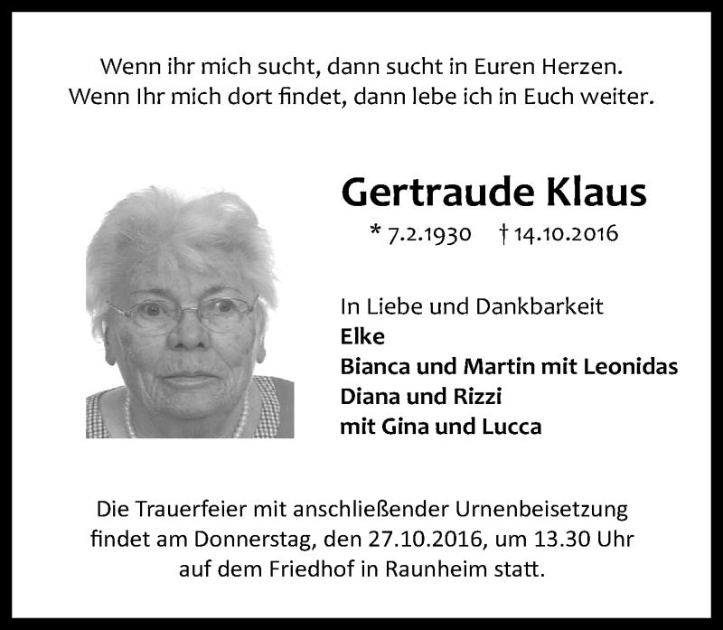  Traueranzeige für Gertraude Klaus vom 22.10.2016 aus Trauerportal Rhein Main Presse