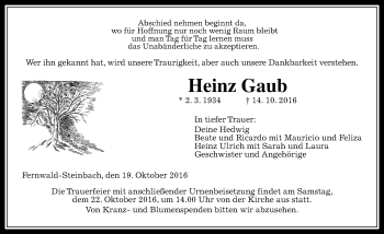 Traueranzeige von Heinz Gaub von  Gießener Anzeiger