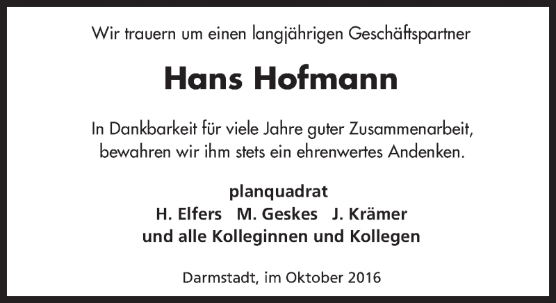  Traueranzeige für Hans Hofmann vom 15.10.2016 aus Trauerportal Echo Online