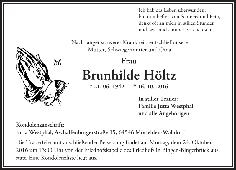  Traueranzeige für Brunhilde Höltz vom 20.10.2016 aus Trauerportal Rhein Main Presse