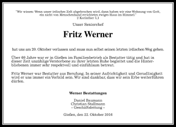 Traueranzeige von Fritz Werner von  Gießener Anzeiger