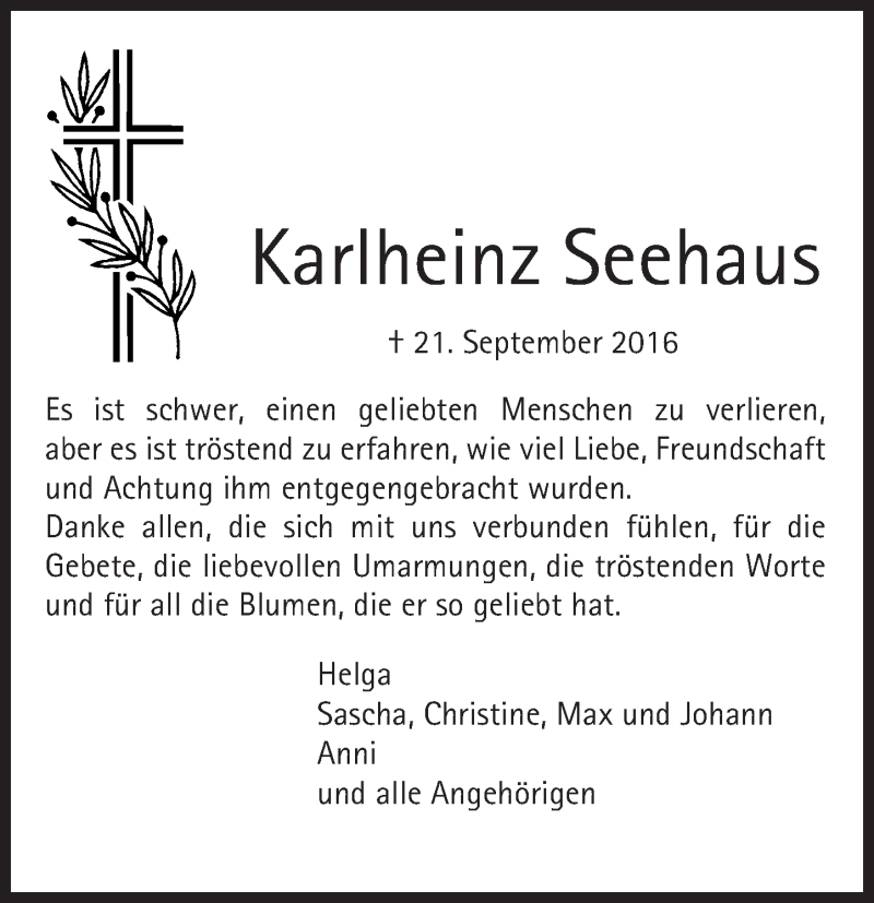  Traueranzeige für Karlheinz Seehaus vom 15.10.2016 aus Trauerportal Echo Online