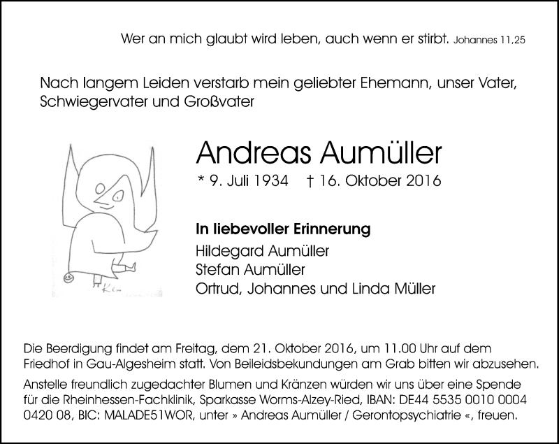  Traueranzeige für Andreas Aumüller vom 19.10.2016 aus Trauerportal Rhein Main Presse