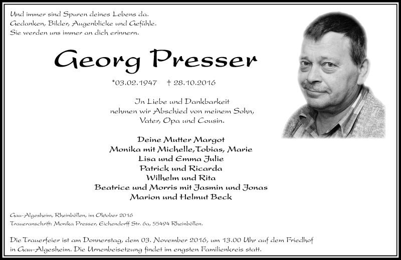  Traueranzeige für Georg Presser vom 31.10.2016 aus Trauerportal Rhein Main Presse