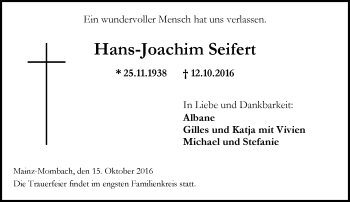 Traueranzeige von Hans-Joachim Seifert von Trauerportal Rhein Main Presse