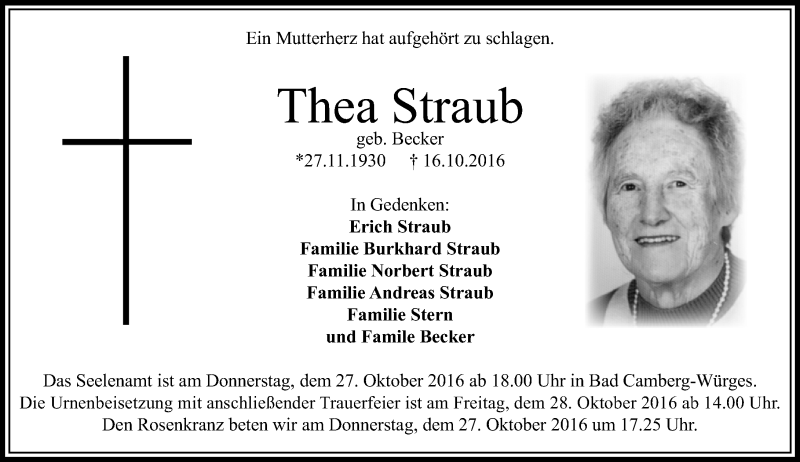  Traueranzeige für Thea Straub vom 27.10.2016 aus  Camberger Anzeiger