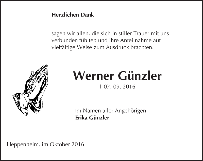  Traueranzeige für Werner Günzler vom 14.10.2016 aus Trauerportal Echo Online